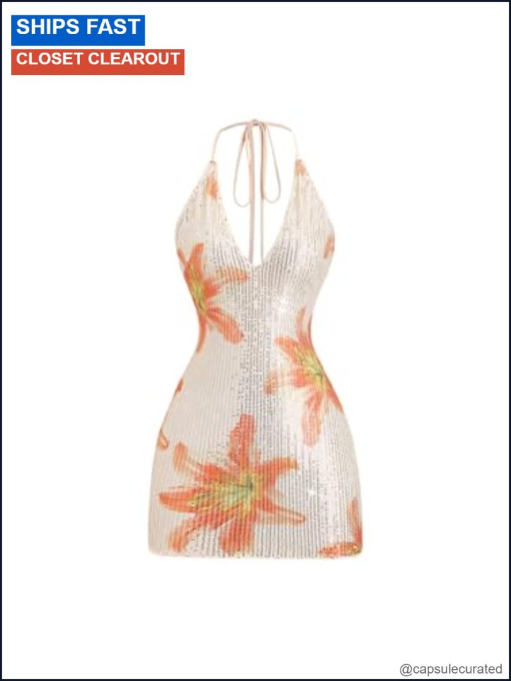 Sparkly Sequin Floral Halter Mini Dress Bodycon Clubwear Party